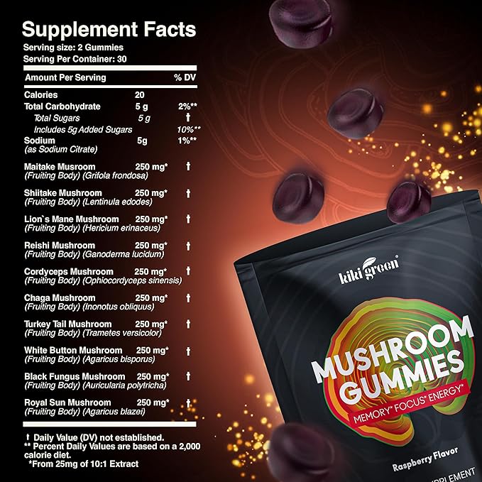 KIKI Green Mushroom Gummies with Lion's Mane and 9 Adaptogen Superfoods Blend - Chaga, Red Reishi, Cordyceps, Shiitake, Black Fungus | 60 Count, 10:1 Extract