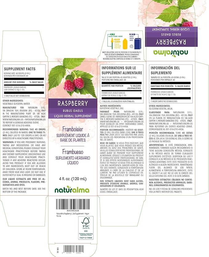 Naturalma Raspberry (Rubus idaeus) Leaf Alcohol-Free Tincture - 4 fl oz Liquid Extract in Drops - Herbal Supplement - Vegan