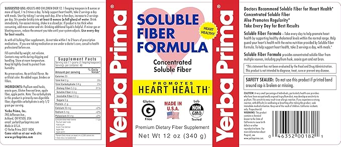Yerba Prima Soluble Fiber Formula Powder, 12 Ounce - Premium Dietary Fiber Supplement, Natural, Concentrated Soluble Fiber, Gluten Free, Non-GMO, Made in USA