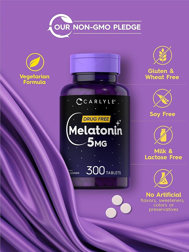 Carlyle Melatonin 5mg | 300 Tablets | Drug Free Supplement | Vegetarian, Non-GMO, Gluten Free