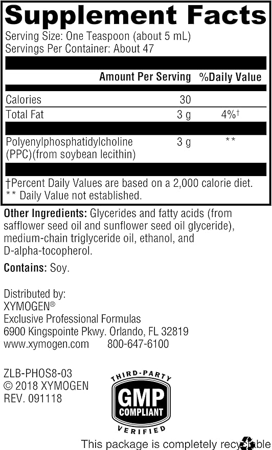XYMOGEN PhosphaLine - Polyenylphosphatidylcholine Liquid Phosphatidyl Choline - Support Liver Health, Cell Membrane Fluidity, Cardiovascular Health (8 fl oz)