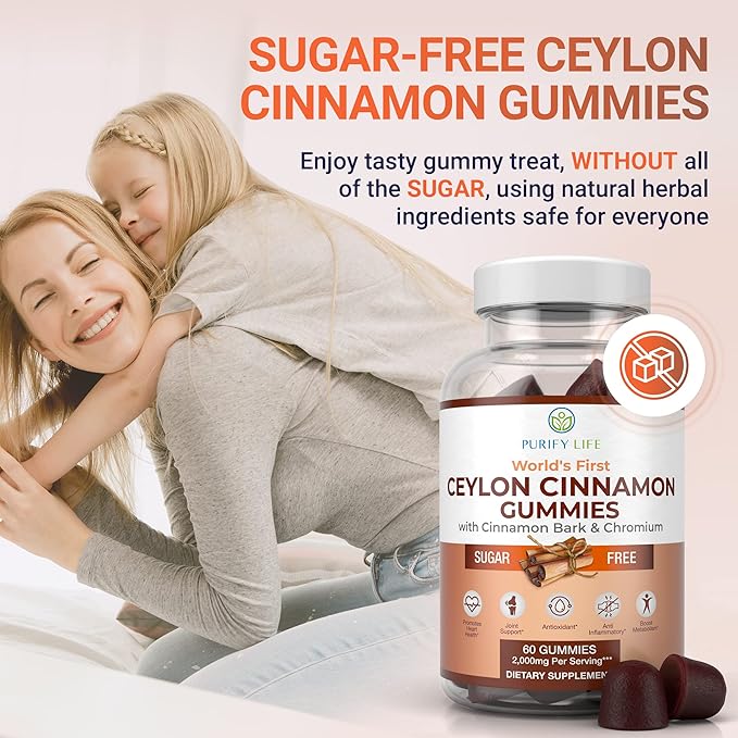 Sugar-Free Ceylon Cinnamon Gummies (2,000mg/Serving) Joint Pain Support Supplement for Brain Health, Vegan, Gluten-Free, Replace Ceylon Cinnamon Capsules, Pills, Powder, Extract (60 Chews)