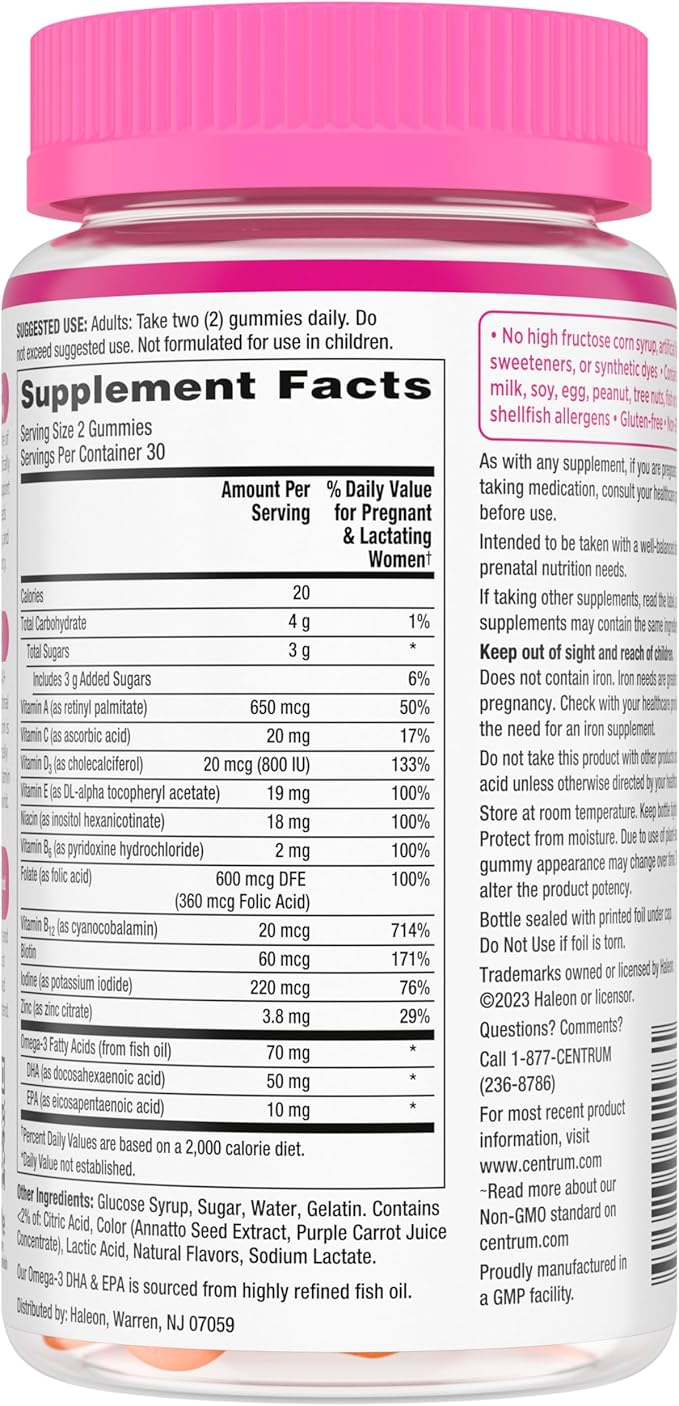 Centrum Prenatal Multivitamin Gummies with DHA and Folic Acid, Mixed Berry and Orange Flavors - 60 Count, 30 Day Supply