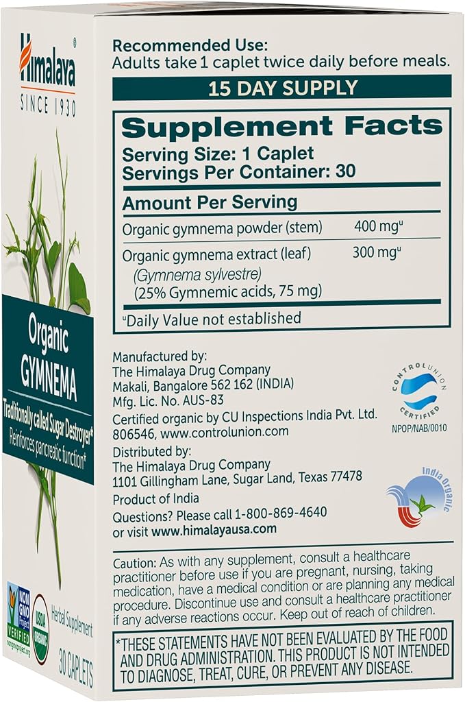 Himalaya Organic Gymnema Sylvestre Herbal Supplement USDA Certified Organic, Non-GMO, 700 mg, 30 Plant-Based Caplets, 2 Pack