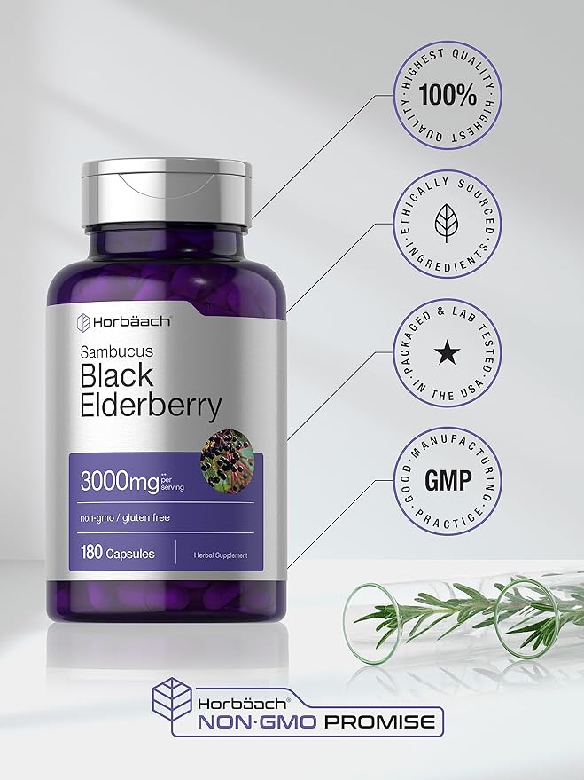Horbäach Black Elderberry | 3000mg Capsules | 180 Count | Non-GMO, Gluten Free | Sambucus Extract Supplement