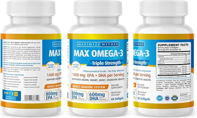 Maximum Slim Max Omega 3 Fish Oil Pills - Triple Strength Fish Oil Supplement (2000 mg Total Omega 3 Fatty Acids: 600mg DHA + 800 mg EPA per Serving)