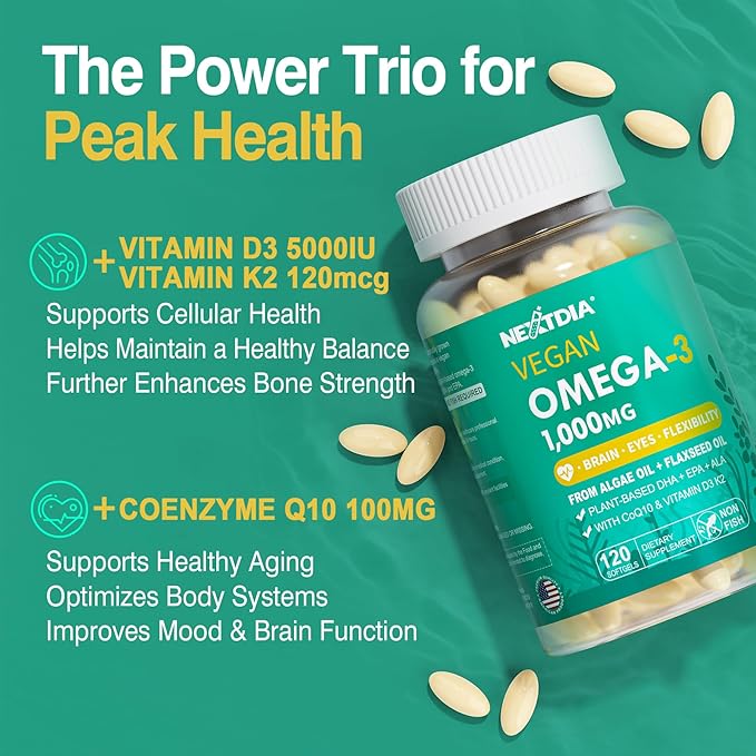 Vegan Omega 3 DHA EPA ALA Supplement with 5000IU Vitamin D3 K2 (MK7), CoQ10 for Women Men, Fish Oil Alternative, Plant Based Algae Oil Omega 3 for Bone, Brain, Eye, Skin & Immune Support, 120 Softgels