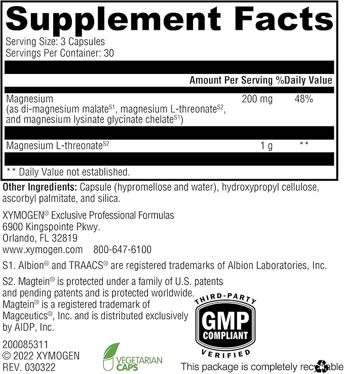 XYMOGEN OptiMag Neuro - Magnesium L Threonate Supplement with Chelated Magnesium Lysinate Glycinate - Support Brain Health & Relaxation (90 Capsules)