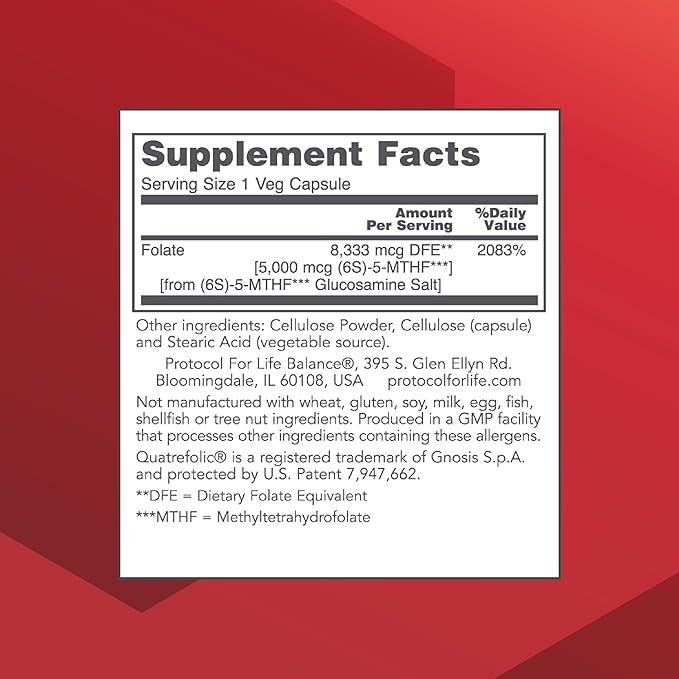 PROTOCOL FOR LIFE BALANCE 5-Methylfolate 5,000mcg - Superior Methyl Folate Bioavailability - for Brain Support - Folate Supplement for Women & Men - Kosher & Vegan - 50 Veg Caps