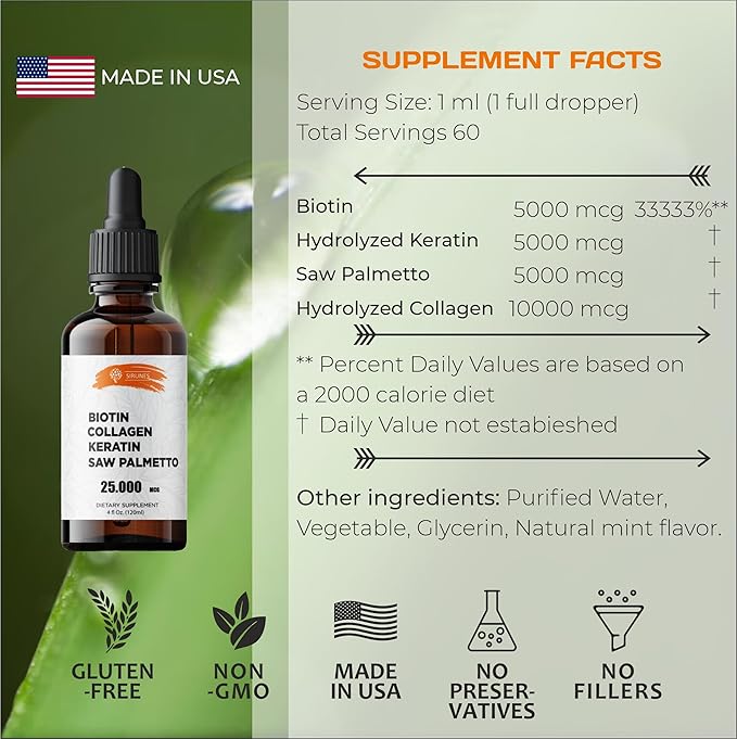 Liquid Collagen Supplements for Women - Comprehensive Formula Hair Skin Nails Supplement with 10000mcg Collagen 5000 mcg Biotin 5000 mcg Keratin 5000 mcg Saw Palmetto, Made in USA, 4fl oz