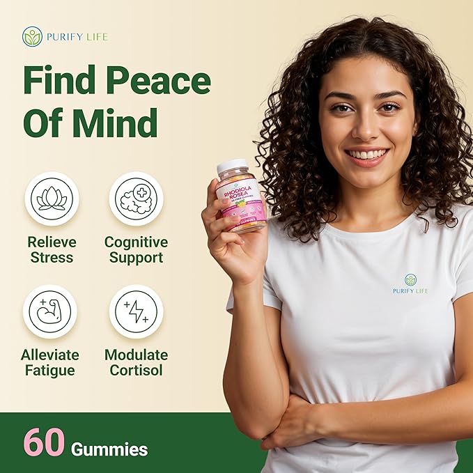Purify Life Sugar-Free Rhodiola Rosea Gummies (1500mg/Serving) Cortisol Detox & Adrenal Support Supplement - Adaptogenic Rhodiola for Mood, Motivation, Stamina & Performance, Non-GMO, 60 Vegan Chews