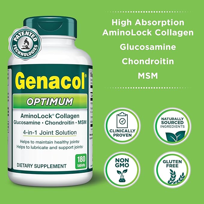 Genacol Optimum – Glucosamine, Chondroitin, MSM and Ultra-Hydrolyzed Collagen Tablets, Maintains Healthy Joints, Protects & Lubricate Cartilage, 180 Tablets (60-Day Supply)
