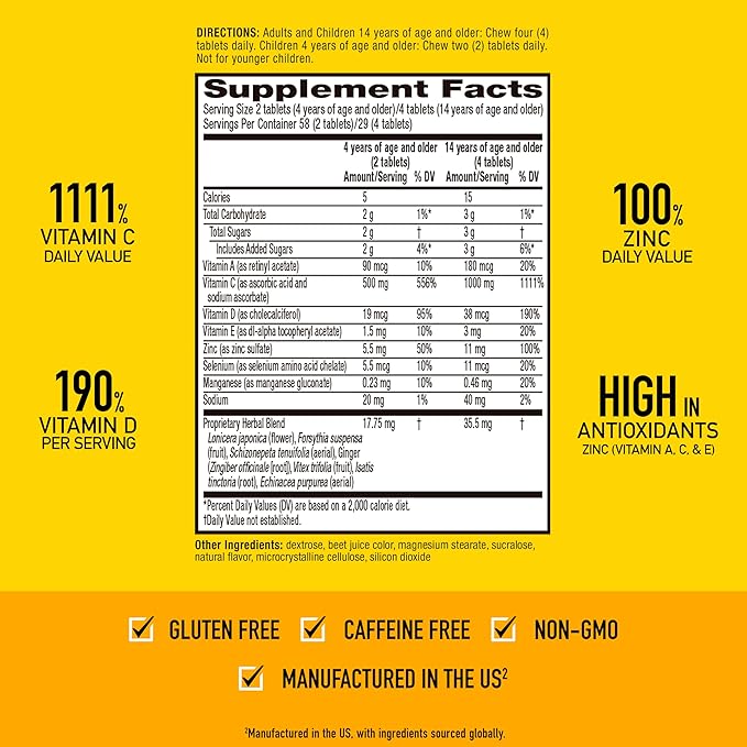 Airborne Vitamin C 1000mg (per Serving) - Very Berry Chewable Tablets (116 Count in a Bottle), Gluten-Free Immune Support Supplement, with Vitamins A C E, Zinc, Selenium, Ginger, Antioxidants