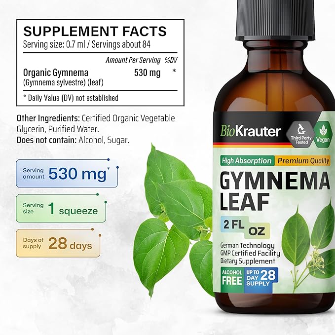 BIO KRAUTER Gymnema Sylvestre Extract Drops - Alcohol and Sugar Free - Vegan Gymnema Leaf Extract 2 Fl.Oz.