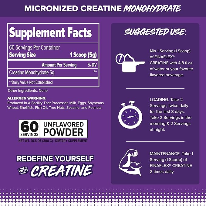 FINAFLEX Pure CREATINE, Unflavored - 10.6 oz - Promotes Muscular Strength, Size & Performance - 100% Pure, Micronized Creatine Monohydrate - 60 Servings