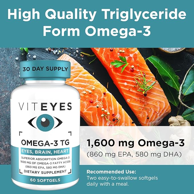 Viteyes Omega-3 TG Supports Eye & Heart Health, Natural Triglyceride Fish Oil Formula, Clear, 60 Count