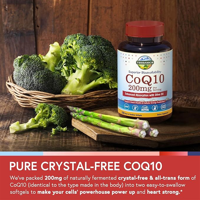 Terranics CoQ10 200mg, Coenzyme Q10 Supplement with Extra Virgin Olive Oil for Enhanced Absorption, Made in USA, Supports Heart Health, Antioxidant Protection, Energy Production, Non-GMO, 240 Softgels