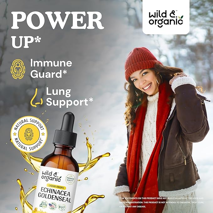 Wild & Organic Echinacea Goldenseal Liquid Drops - Immune Support Supplement w/Goldenseal Echinacea Root Extract - Vegan, Sugar & Alcohol-Free Tincture - 2 fl oz