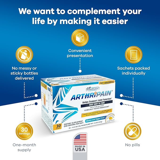 Arthripain – Joint Support Cartilage Repair Supplement – Clinically Tested Joint Juice - Ligament Relief Support – Glucosamine Chondroitin MSM – Swollen Knee Treatment –Sugar-Free – Made in US - 30ct