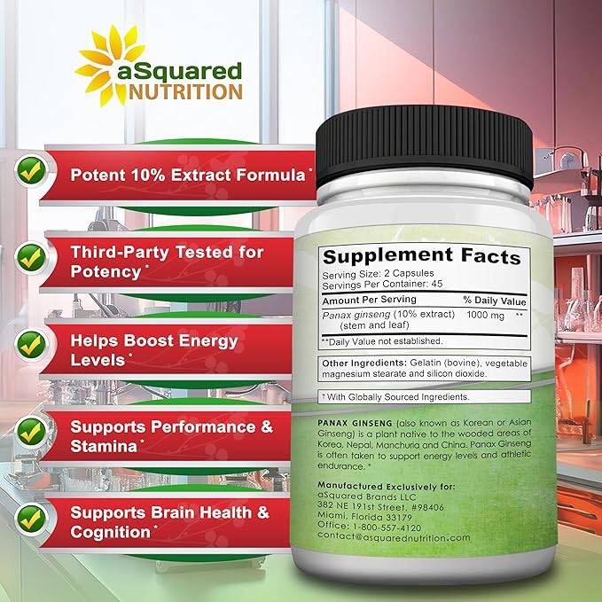 aSquared Nutrition Natural Korean Panax Ginseng (1000mg Max Strength)-90 Capsules Root Extract Complex (Red & White), High Dosage Ginsenosides in Seeds, Asian Powder Supplement,Tablet Pills for Energy