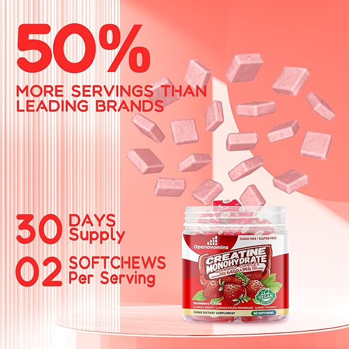Creatine Monohydrate Soft Chews Complex 6400mg for Men & Women -Advanced Formula W/L-Taurine + Vitamin B12, Sugar Free Chewable Supplement,60 Strawberry Softchews