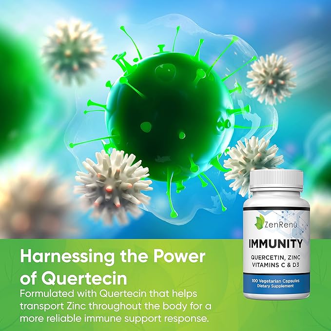 Zenrenu Immunity Quercetin 700 mg Zinc Vitamin C Vitamin D Immune Support Supplement with Curcumin - Easy to Absorb Immunity Supplement, 100 Vegetarian Capsules 50 Day Supply