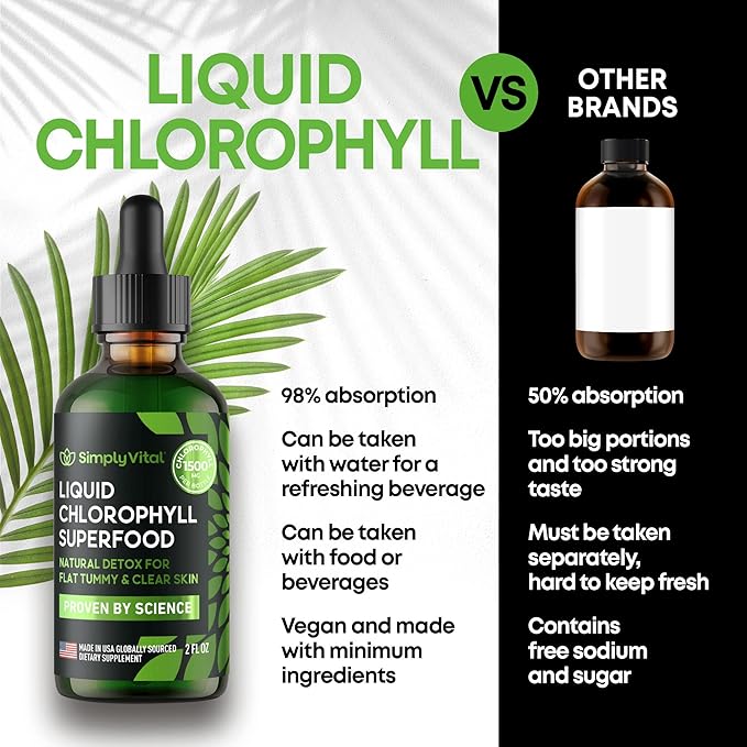 SimplyVital Chlorophyll Liquid Drops for Clear Skin & Energy Boost - Immune Support Supplement - Made in USA - Liquid Chlorophyll for Gut Health - Internal Deodorant - Antioxidant- 2 FL OZ
