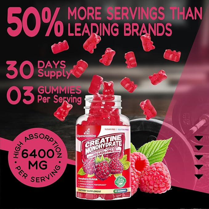 Creatine Monohydrate Gummies Complex 6400mg for Men & Women -Advanced Formula W/L-Taurine + Vitamin B12, Sugar Free Chewable Supplement,90 Raspberry Gummies