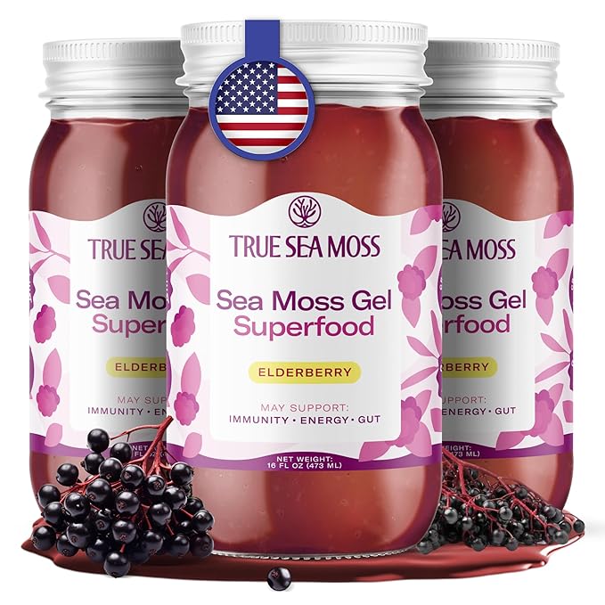 TrueSeaMoss Sea Moss Gel – Made in USA – Wildcrafted Seamoss, Fresh Fruits & Sea Vegetables – Elderberry, Pack of 3 (Labels may Vary)