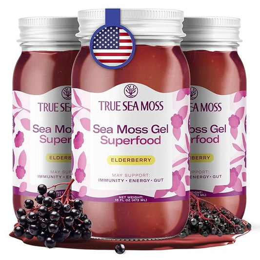 TrueSeaMoss Sea Moss Gel – Made in USA – Wildcrafted Seamoss, Fresh Fruits & Sea Vegetables – Elderberry, Pack of 3 (Labels may Vary)