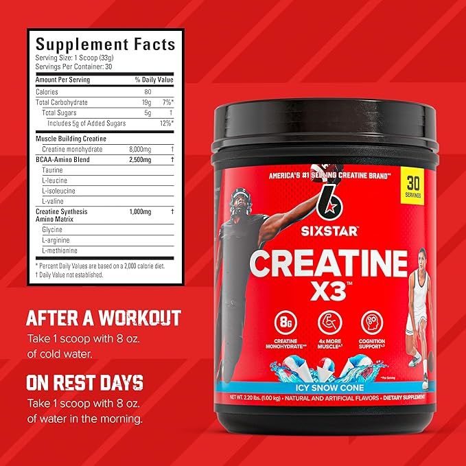 Six Star Creatine Monohydrate Powder, X3 (ICY Snow Cone) - Flavored Creatine HCl Powder Monohydrate Supplement for Muscle Building & Performance - Post Workout Supplement for Men & Women - 30 Servings