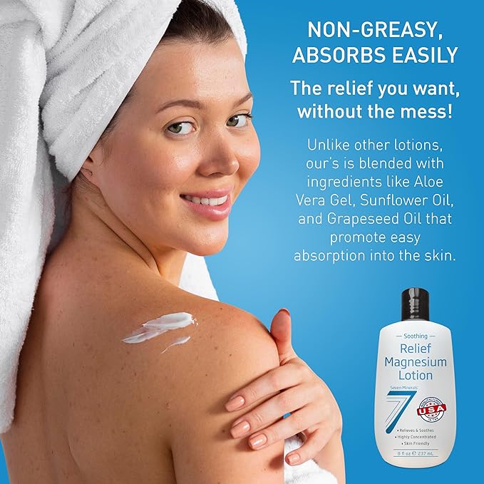 Seven Minerals Magnesium Lotion for Sleep, Soothing Relief & Relaxation - Highly Concentrated Magnesium for Better Sleep, Feet & Joint Care. Non-Greasy Lotion with Skin Friendly Ingredients - 8 fl oz