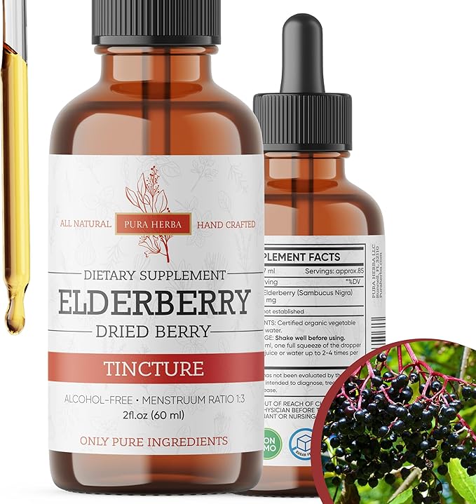 Elderberry Tincture – Organic Elderberry Extract Liquid Drops – Sambucus Herbal Supplement – Immune Support – Elderflower & Elderberry Blend – Alcohol-Free, 2 fl oz