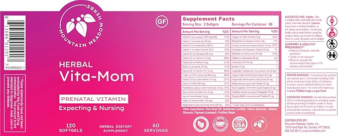 Mountain Meadow Herbs Vita-MOM - Herbal Prenatal Vitamins for Women: Unique Blend of Folic Acid, Vitamins, Iron & Herbs in Soft Gel Caps - 2-Month Supply (120 ct.)