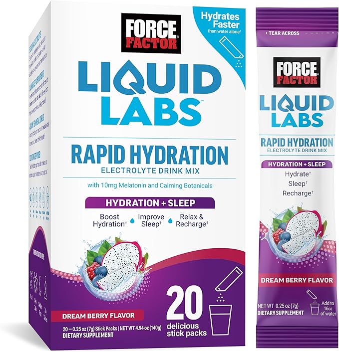 FORCE FACTOR Liquid Labs Sleep, Electrolytes Powder & Sleep Aid with Melatonin 10mg, Hydration Packets for Sleep Support with Vitamins, Minerals, & Antioxidants, Dream Berry Flavor, 20 Stick Packs