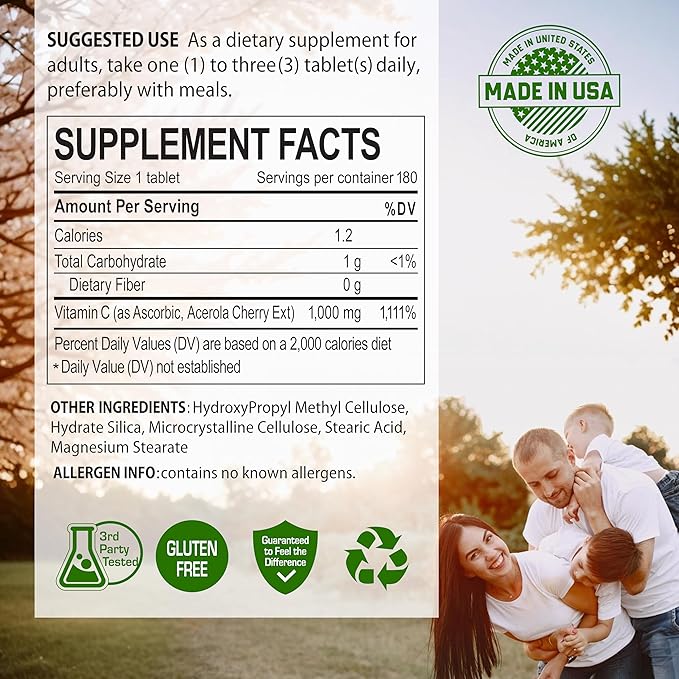 Acerola Cherry Vitamin C 1000mg, Immune Support - 180 Tablets X 1 Bottle (180 Count)