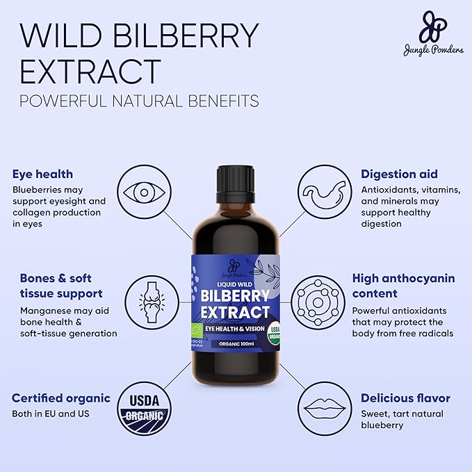 Father's Day Gift for Grandpa - USDA Organic Wild Bilberry Extract Bundle 2x3.4oz Liquid Extract + Organic Wild Blueberry Powder 5oz - Wellness Gift for Eyes & Superfood Extract