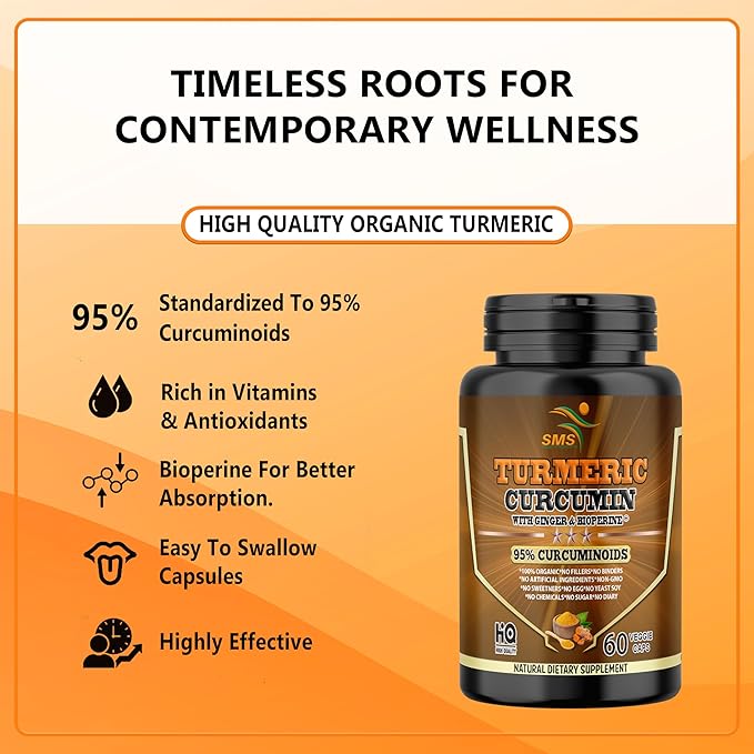 Turmeric Curcumin with Ginger, BioPerine Black Pepper, 95% Curcuminoids, Natural Joint & Healthly Inflammatory Support, Antioxidant Tumeric Supplement, 60 Veggie Capsules, Made in USA, by SMS