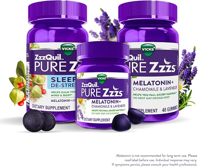 ZzzQuil PURE Zzzs Melatonin Gummies, Sleep Aid, Melatonin 2mg, with Chamomile & Lavender, Melatonin Sleep Gummies, Sleep Aids for Adults, Wildberry Vanilla Flavored, 24 Sleep Gummies