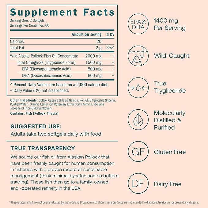 True Grace Omega-3 Fish Oil - 120 Softgels - 1400 mg EPA + DHA - Brain, Heart, Joint & Immune Health - Organic, Gluten Free, Soy Free