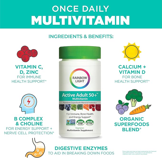 Rainbow Light Adult Multivitamin, Vitamins C & Zinc, B Complex & Choline, Calcium & Vitamin D Supports Bone Health, Energy & Immune Support, Non-GMO, Vegetarian, 90 Tablets