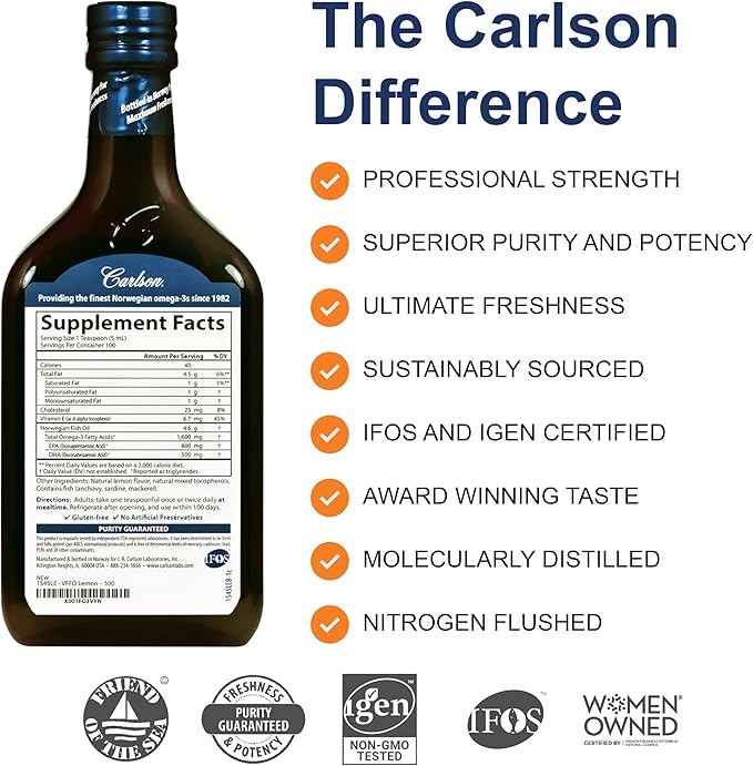 Carlson - The Very Finest Fish Oil, Special Edition, 1600 mg Omega-3s, Liquid Supplement, Norwegian Fish Oil, Wild-Caught, Sustainably Sourced Liquid, Lemon, 500 mL (16.9 Fl Oz)