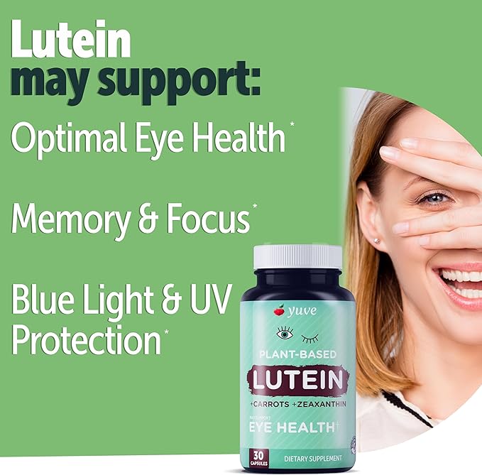 Yuve 20mg Lutein & Zeaxanthin Eye Health Supplement with Clinically Studied Lutemax 2020 Carotenoid Complex - Supports Dry Eyes, Fatigue & Vision Clarity - 30 Vegan Capsules