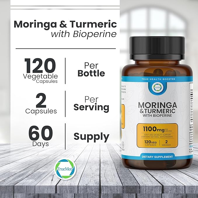 Moringa & Turmeric with BioPerine 10mg 95% Piperine – 1100 MG Joint Support Supplement with 95% Curcuminoids, 120 Vegan Capsules, USA-Made, GMP & UL-Certified
