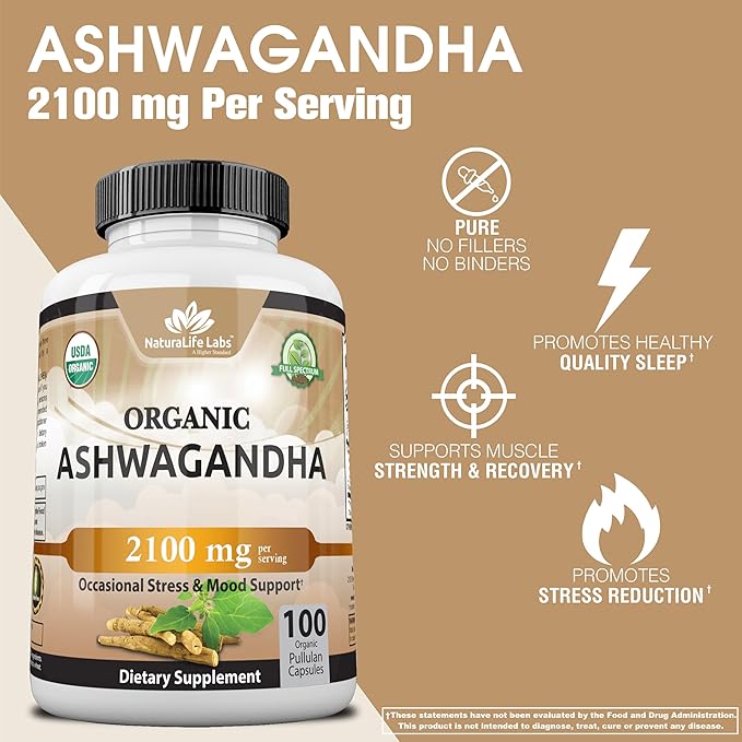 Organic Ashwagandha 2,100 mg - 100 Veggie Capsules Pure Organic Ashwagandha Powder and Root Extract - Stress Relief, Mood Enhancer