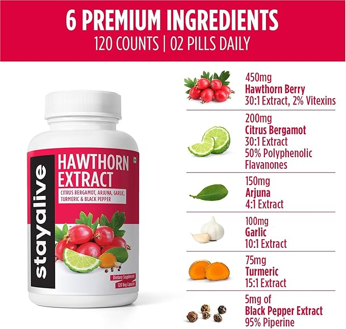 STAY ALIVE Extra Strength Hawthorn Berry Capsules, 20:1 Extract, 6-in-1 Antioxidant w/Citrus Bergamot, Turmeric Root Powder, Garlic, Arjuna & Black Pepper, 120 Vegan Pills, Hawthorne Berry Supplement