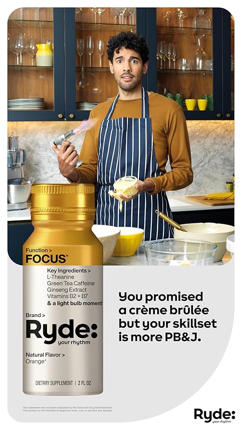 Ryde: Focus Shot | Orange Flavor | L-Theanine & Ginseng | Green Tea Caffeine | Vitamins B2 & B7 | 0 Calories, 0 Sugar | 2 FL OZ Shots | Supports Focus* (8 Pack)