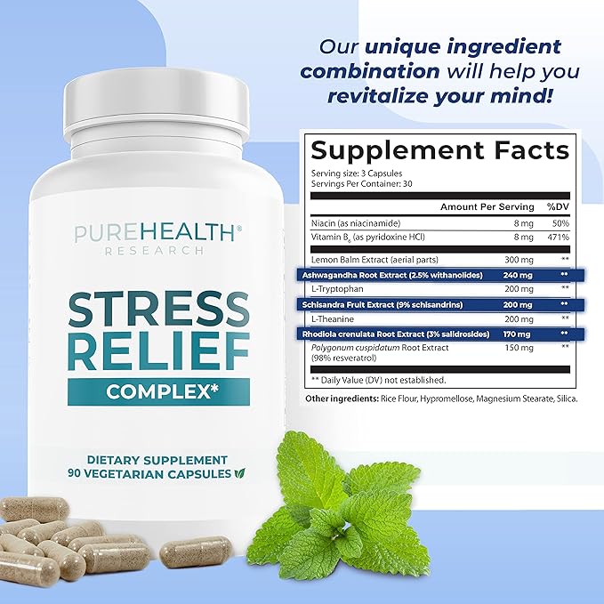 PUREHEALTH RESEARCH Cortisol Reducer & Stress Relief Supplement - Lower Cortisol Supplements for Better and Sleep with Ashwagandha, L-Theanine and Lemon Balm - Cortisol Health Manager, 1 Bottle