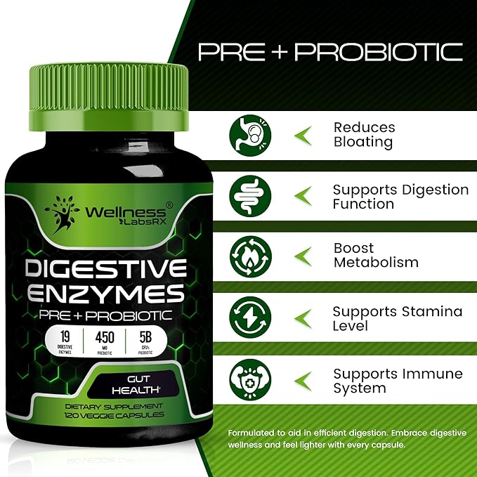 Digestive Enzymes with Probiotics and Prebiotics, 450mg, 5 Billion CFUs - Pure Super Digestion Capsules - Digestive Enzymes for Women & Men Support Digestion & Gut Health - 120 Count (Pack of 2)