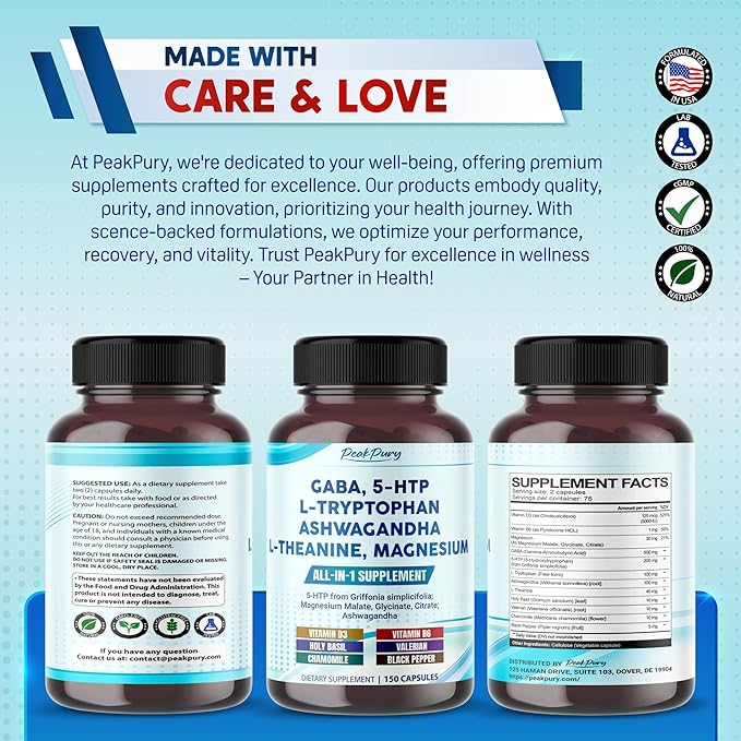GABA, 5-HTP L-Tryptophan Ashwagandha Chamomile L-Theanine Magnesium - Made in USA